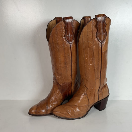 Vintage Justin Full Eel, Carmel Colored Cowgirl Boots 7.5 C USA Made Exotic