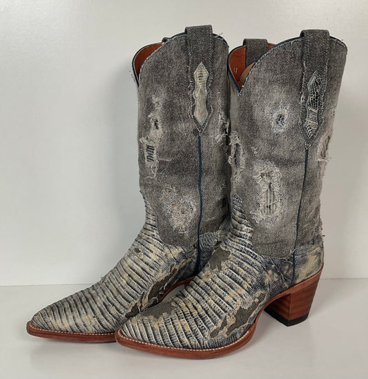 Dan Post Buckshot Denim-Lizard Cowgirl Boots 7.5 M Halloween Zombie