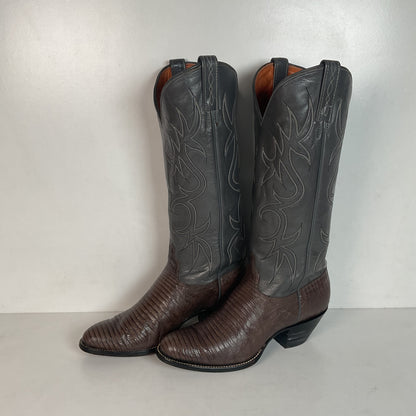 Vintage J Chisholm Grey Tall Cowgirl Boots 8 M Lizard Vamp USA Made