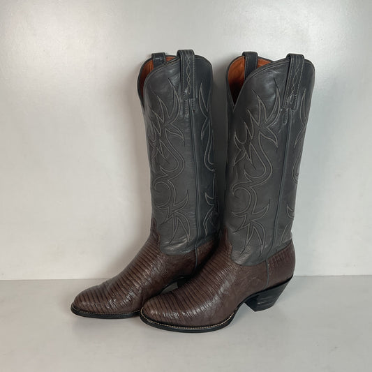 Vintage J Chisholm Grey Tall Cowgirl Boots 8 M Lizard Vamp USA Made