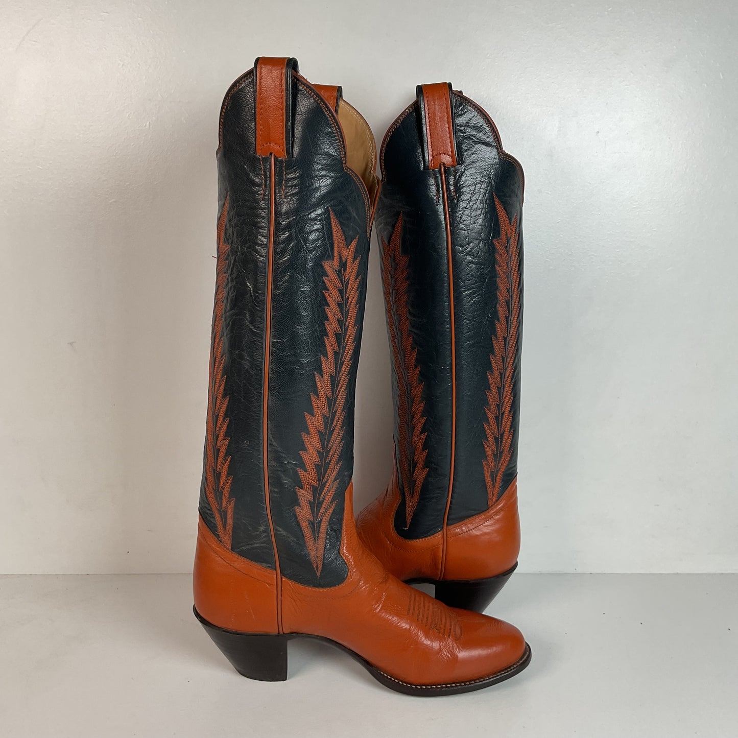 Vintage Panhandle Slim Tall Cowgirl Boots 6.5 C Pumpkin Orange Scallop Top