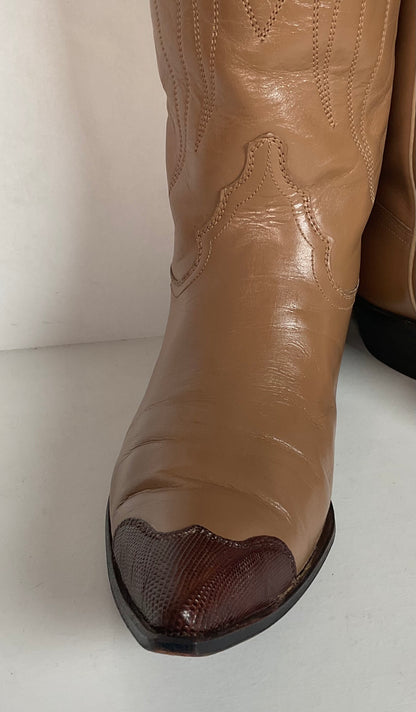 Vintage 1960s Justin Lizard Wingtip Cowgirl Boots 7 B White Label USA Made