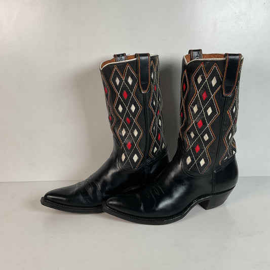 Vintage 1960s ACME Tooled Diamond Inlay Leather Cowboy Boots 8 D Old Label USA Made