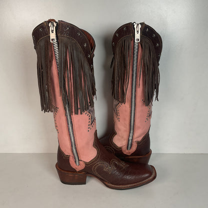 Dan Post 16” Fringe Cowgirl Boots 7.5 M Square Toe Star Inlay