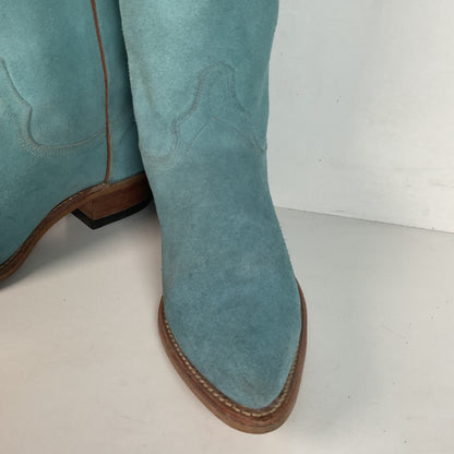 Vintage Wrangler 16.5” Rough Out Suede Cowgirl Boots 6.5 M Fringe Powder Blue
