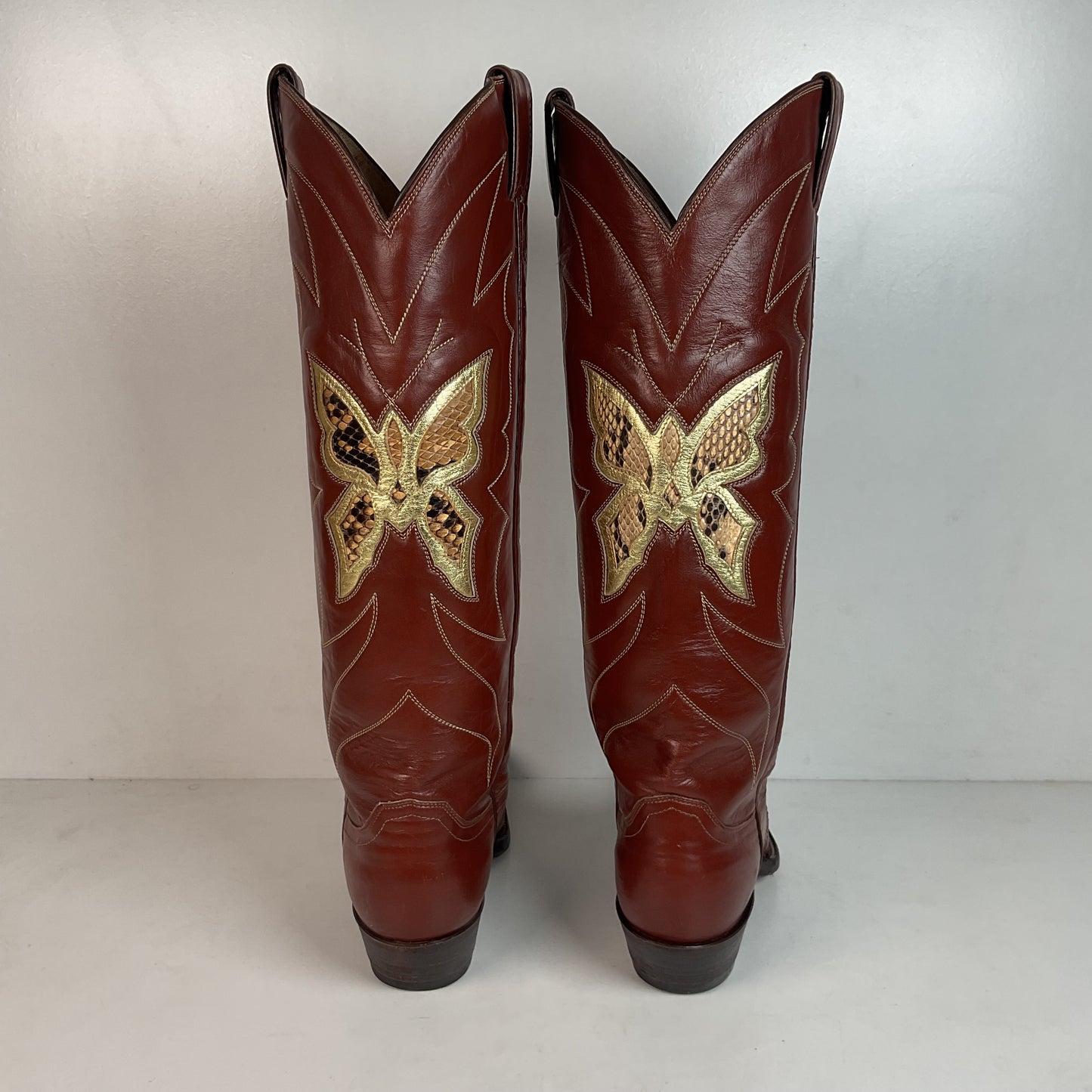 Vintage Justin Tall Butterfly Inlay Cowgirl Boots 6.5 C Snakeskin 70s