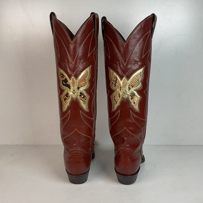 Vintage Justin Tall Butterfly Inlay Cowgirl Boots 6.5 C Snakeskin 70s
