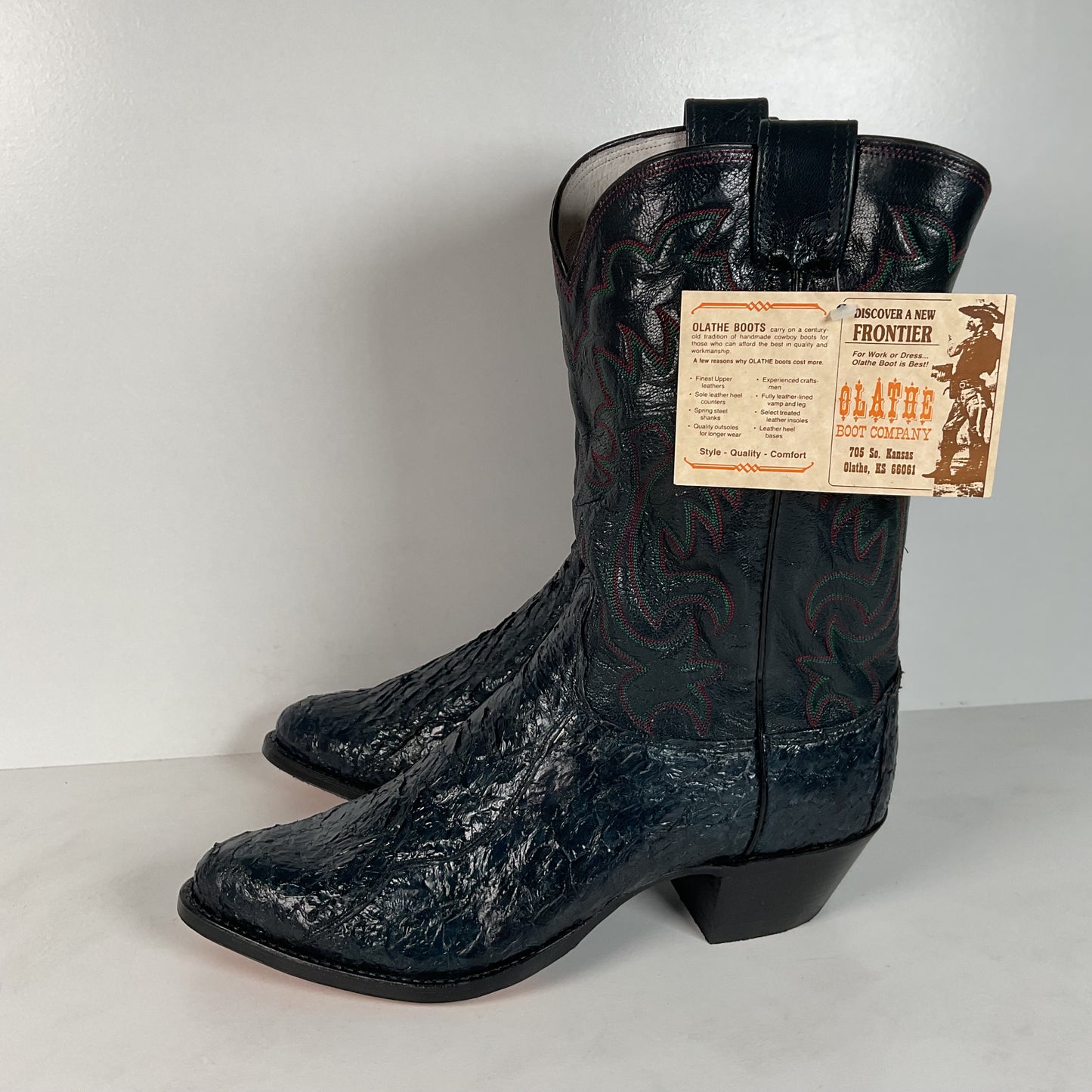 Vintage Olathe Sea Bass Cowboy Boots | Exotic | USA Made | Navy Blue | 13 EE