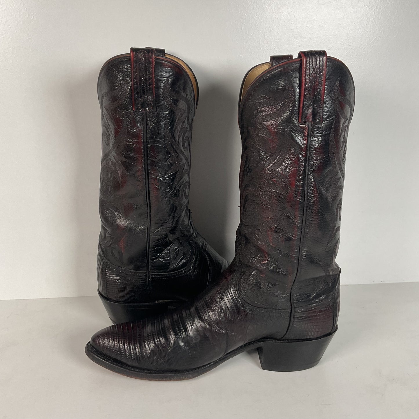 Vintage Dan Post Teju Lizard Cowboy Boots | USA Made | Black Cherry | Men’s 9 D