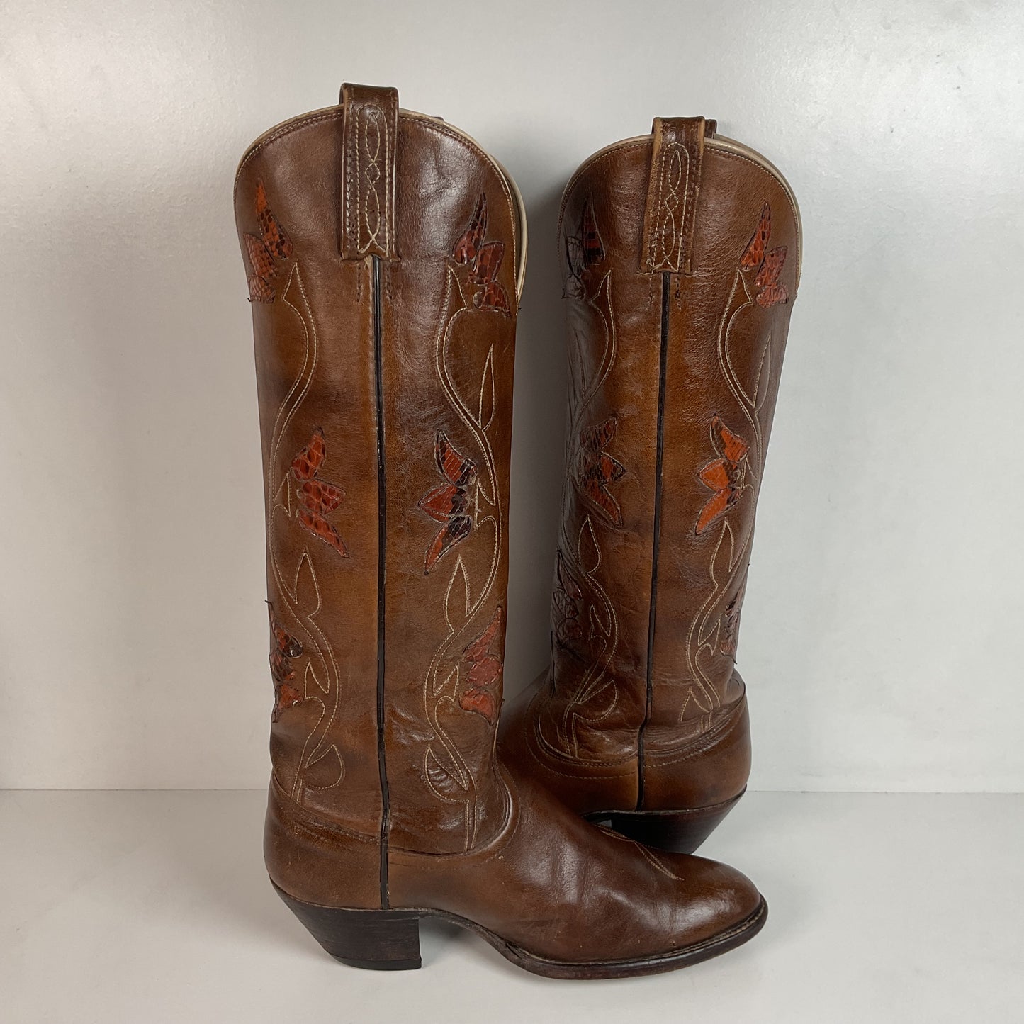 Vintage Dan Post Tall Tulip Cowgirl Boots 7.5 C Tooled Snakeskin Overlay
