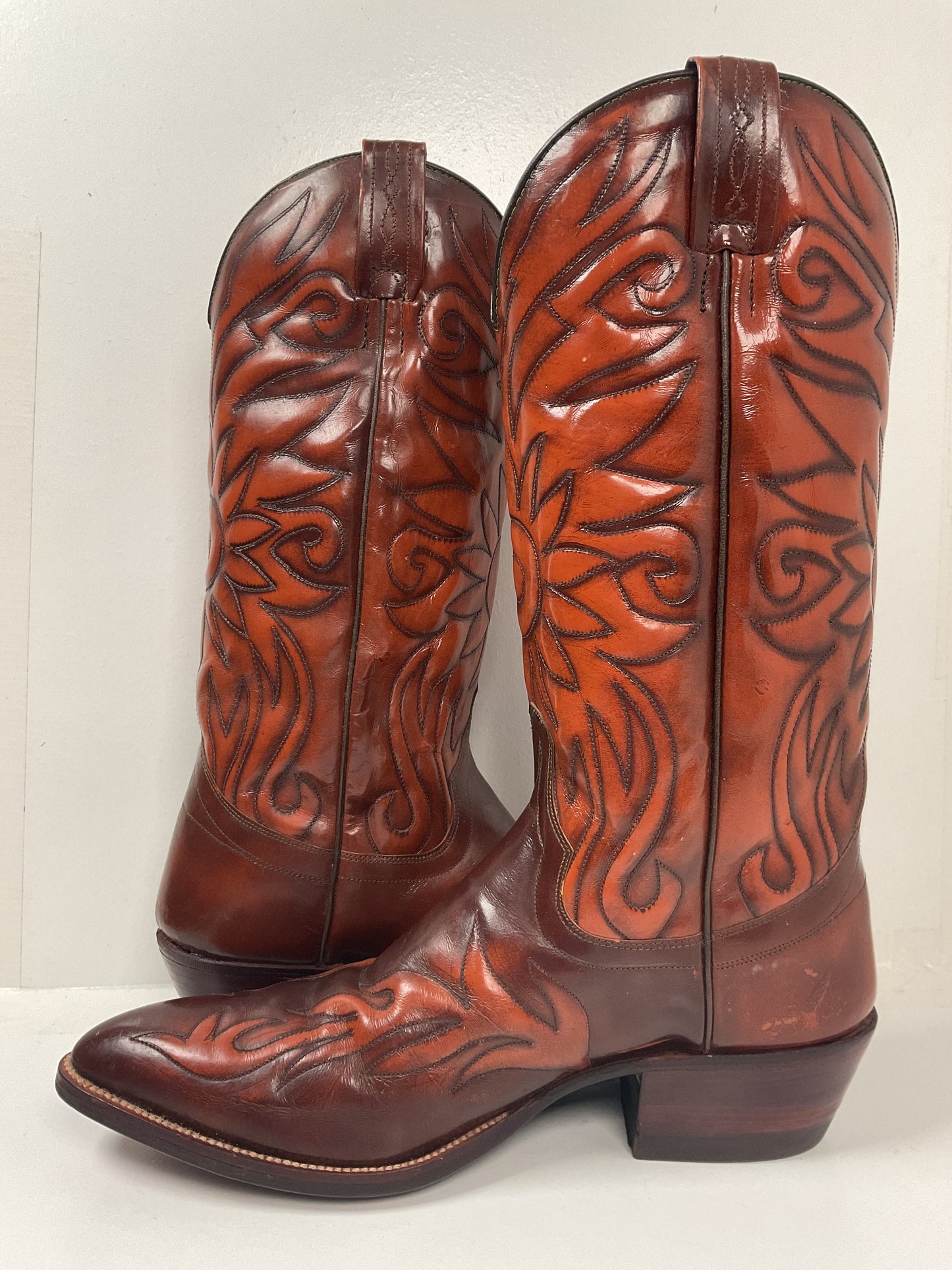 Vintage 1970s Dan Post Cowboy Boots 10.5 B Made In Spain Sunflower Stitched