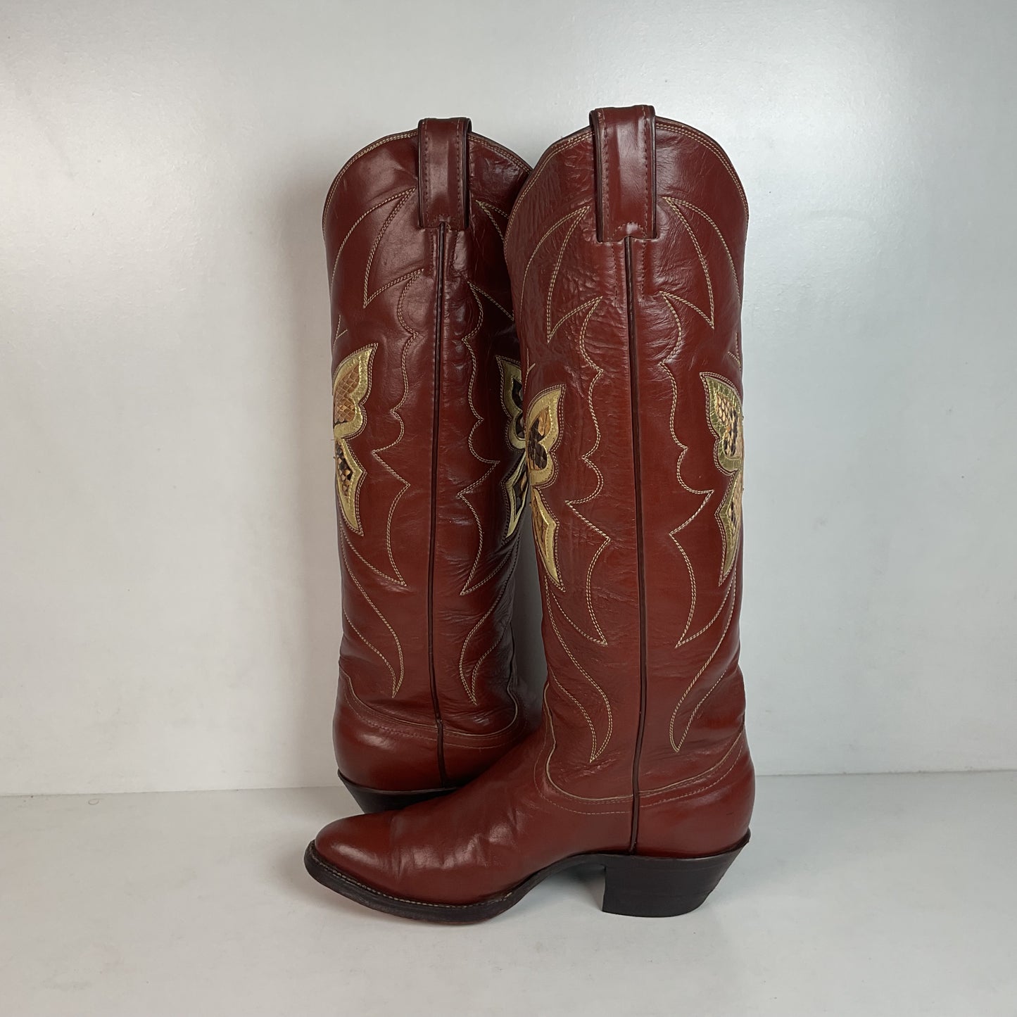 Vintage Justin Tall Butterfly Inlay Cowgirl Boots 6.5 C Snakeskin 70s