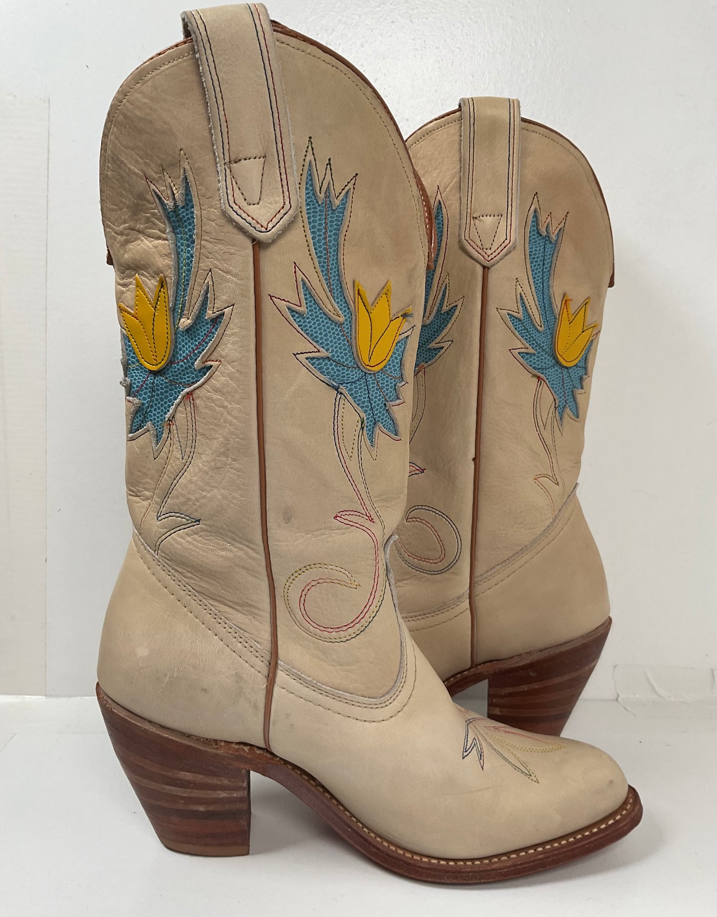 Vintage Miss Capezio Tulip Cowgirl Boots 7.5 M USA Made Rainbow Stitched