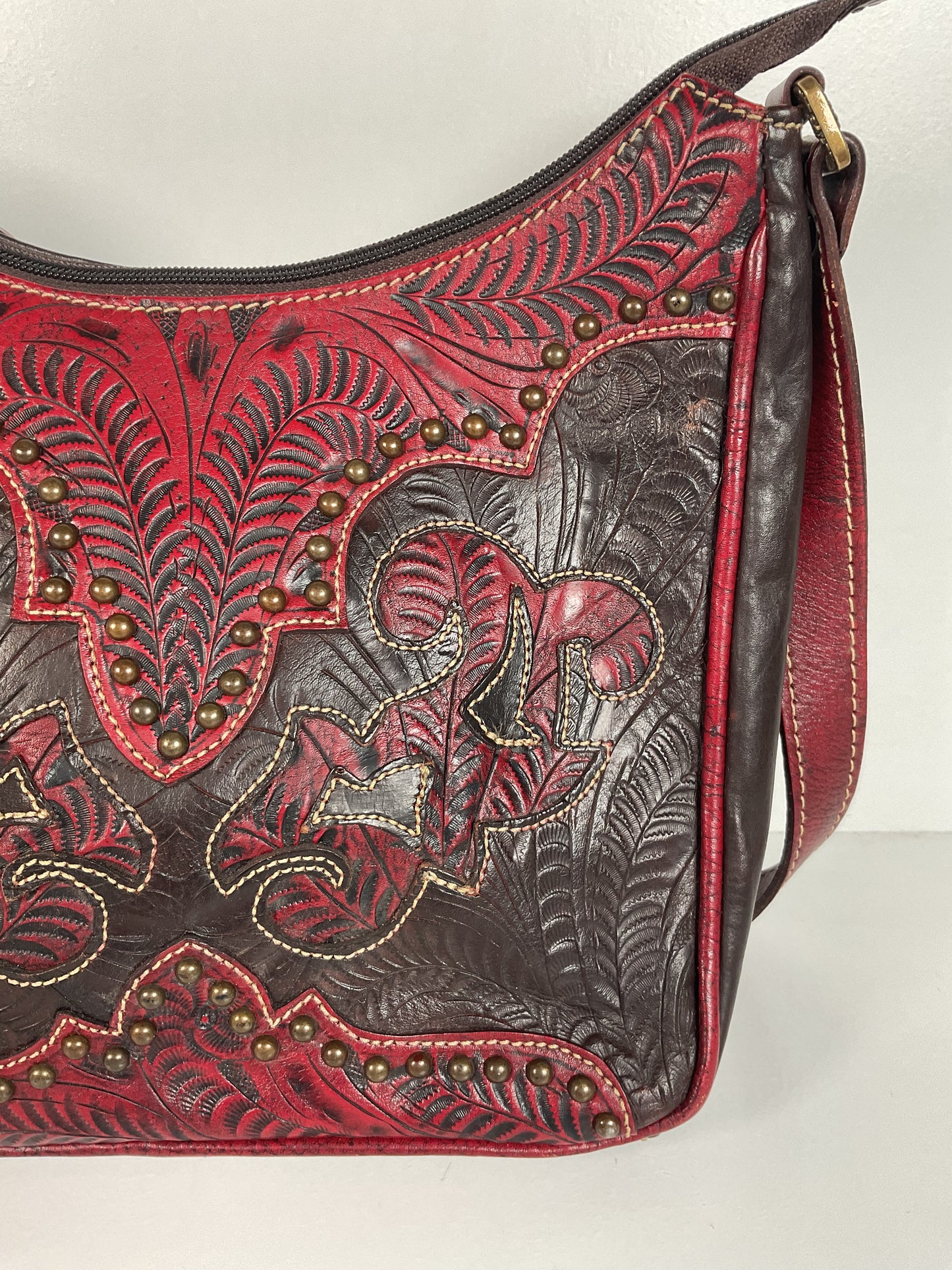 Tooled American West Purse Burgundy W/Bag Charm