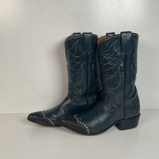 Vintage Tony Lama Navy Blue Cowgirl Boots 6 A Lizard Wingtip