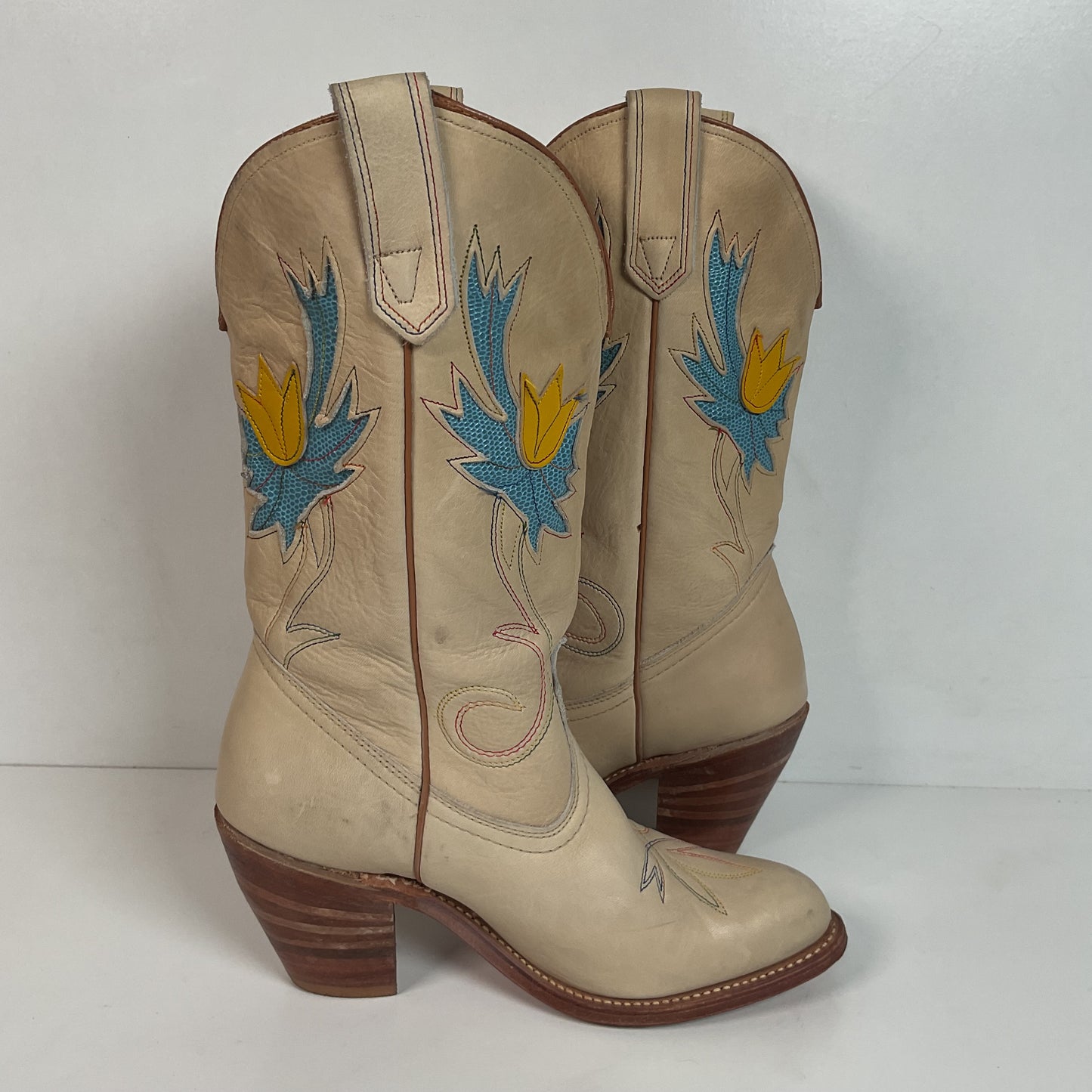 Vintage Miss Capezio Tulip Cowgirl Boots 7.5 M USA Made Rainbow Stitched