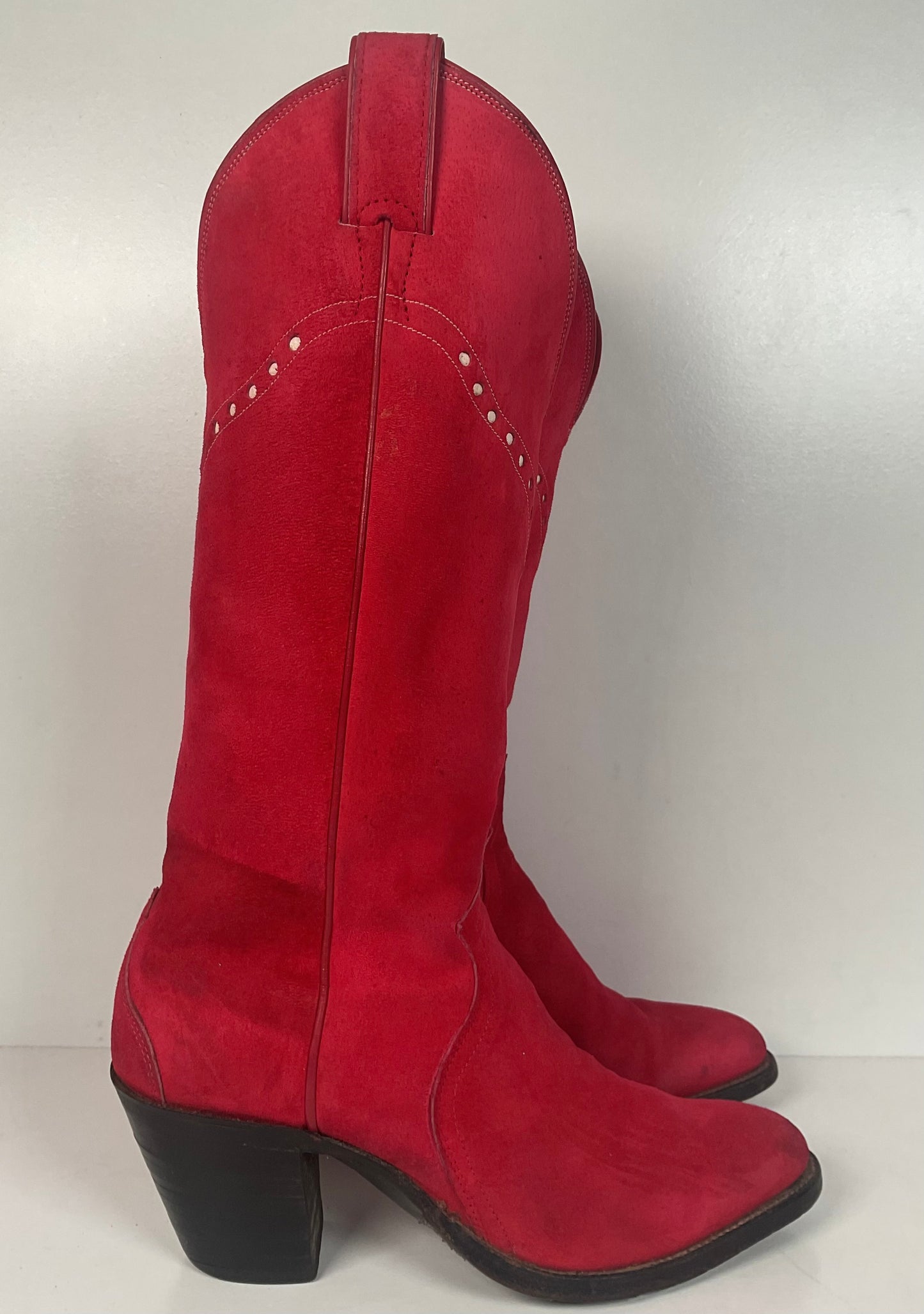 Vintage 70s Justin Red Suede Cowgirl Boots 6 B USA Made Rough Out