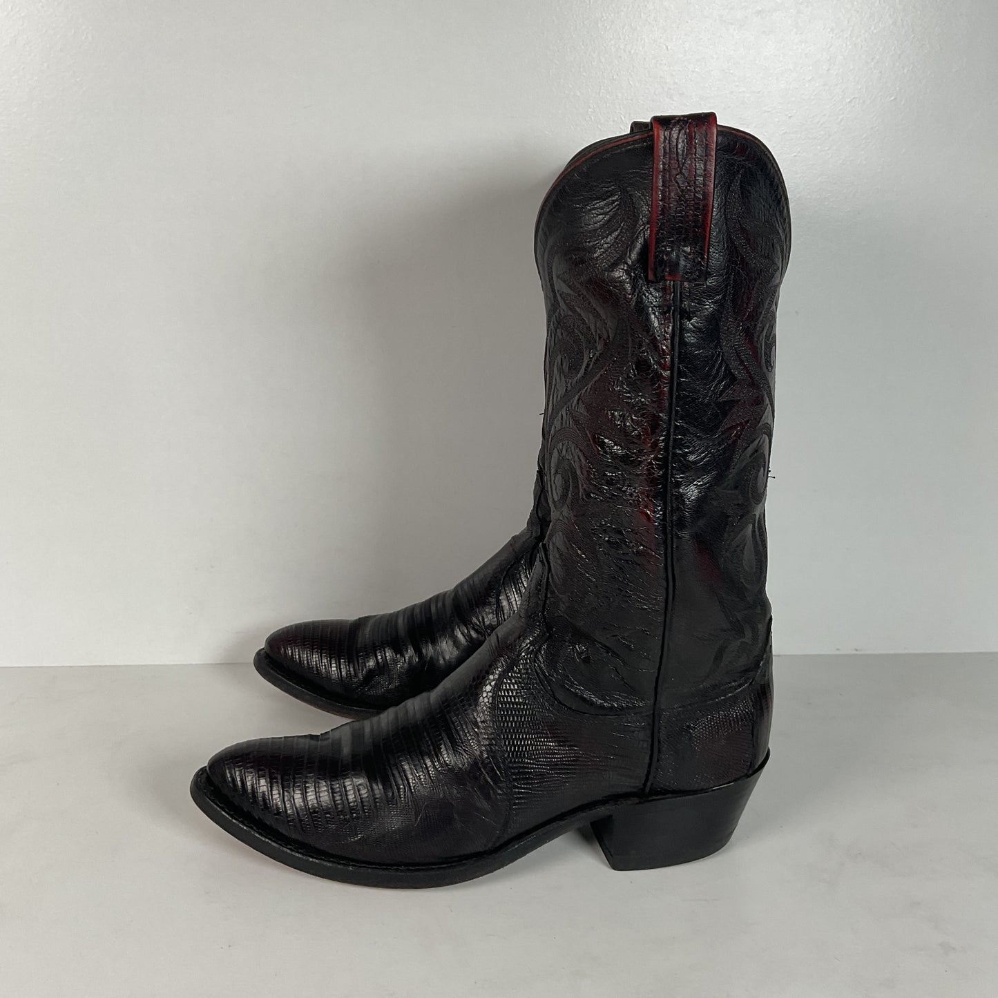 Vintage Dan Post Teju Lizard Cowboy Boots | USA Made | Black Cherry | Men’s 9 D