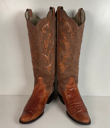 Vintage Larry Mahan Tall Cowgirl Boots 7 B Tooled Snakeskin Inlay