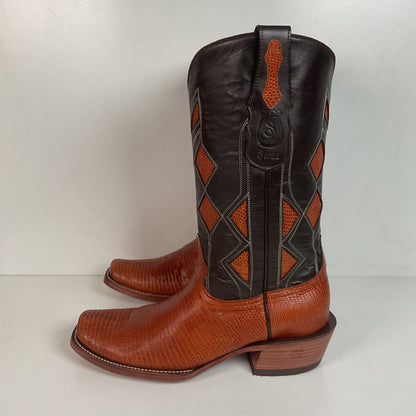 Serna Custom Cowboy Zipper Boots 10 Lizard Vamp, Tooled Inlay