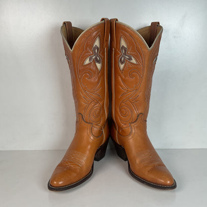 Vintage 1970s Acme Tooled Flower Inlay Cowgirl Boots 6.5 M USA Made