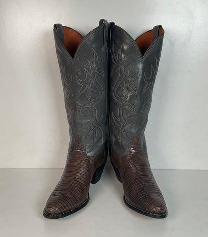 Vintage J Chisholm Grey Tall Cowgirl Boots 8 M Lizard Vamp USA Made