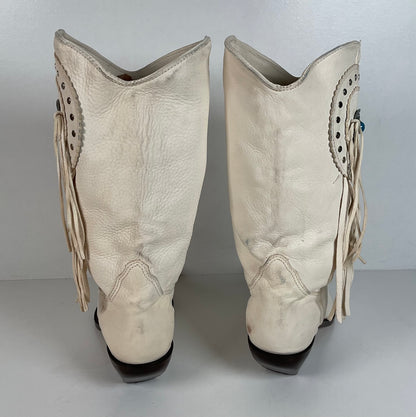 Vintage Zodiac Native Fringe Cowgirl Boots | USA Made | White | Women’s 9 M