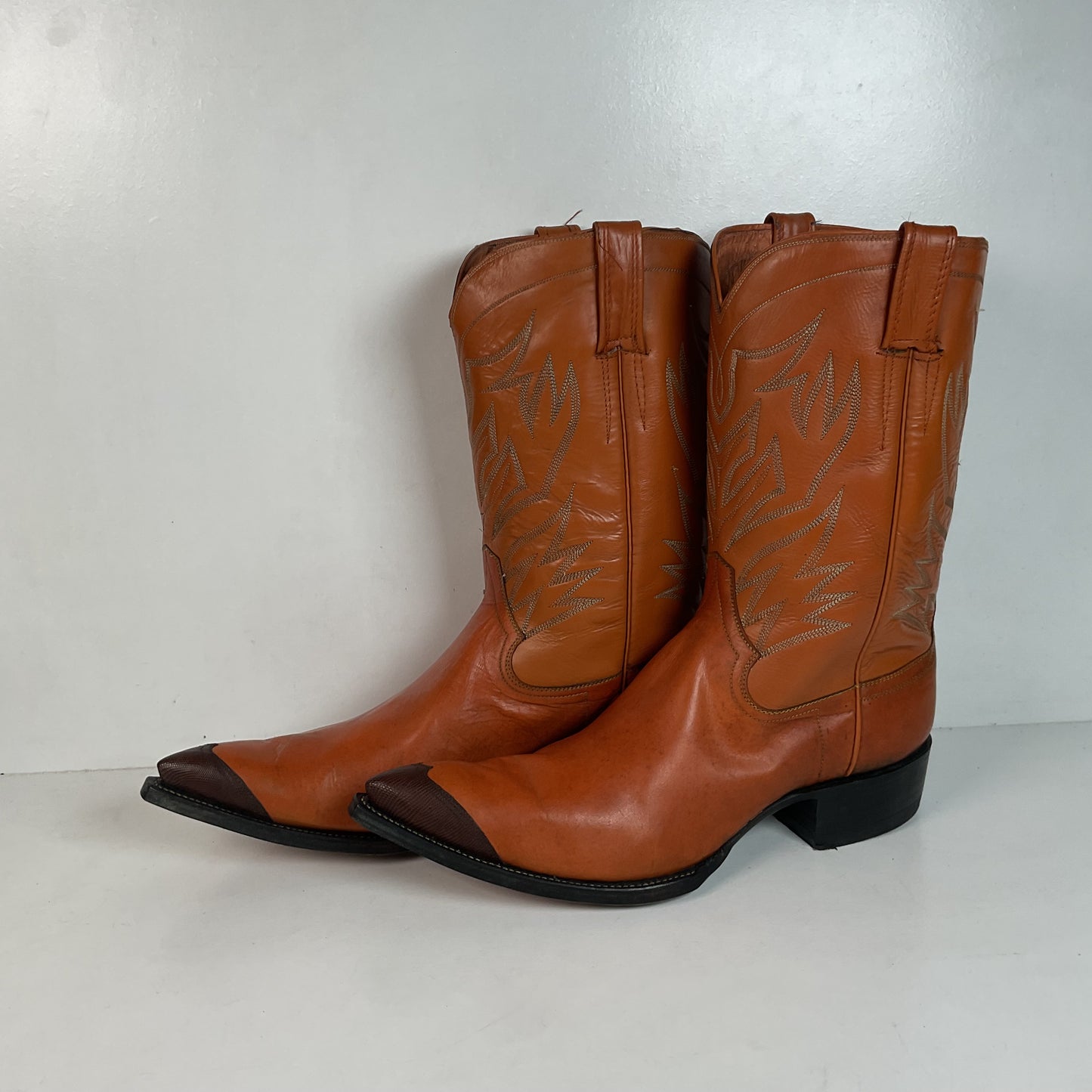1960s Cowtown Handmade Cowboy Boots 13.5 D Pumpkin Orange Lizard Wingtip