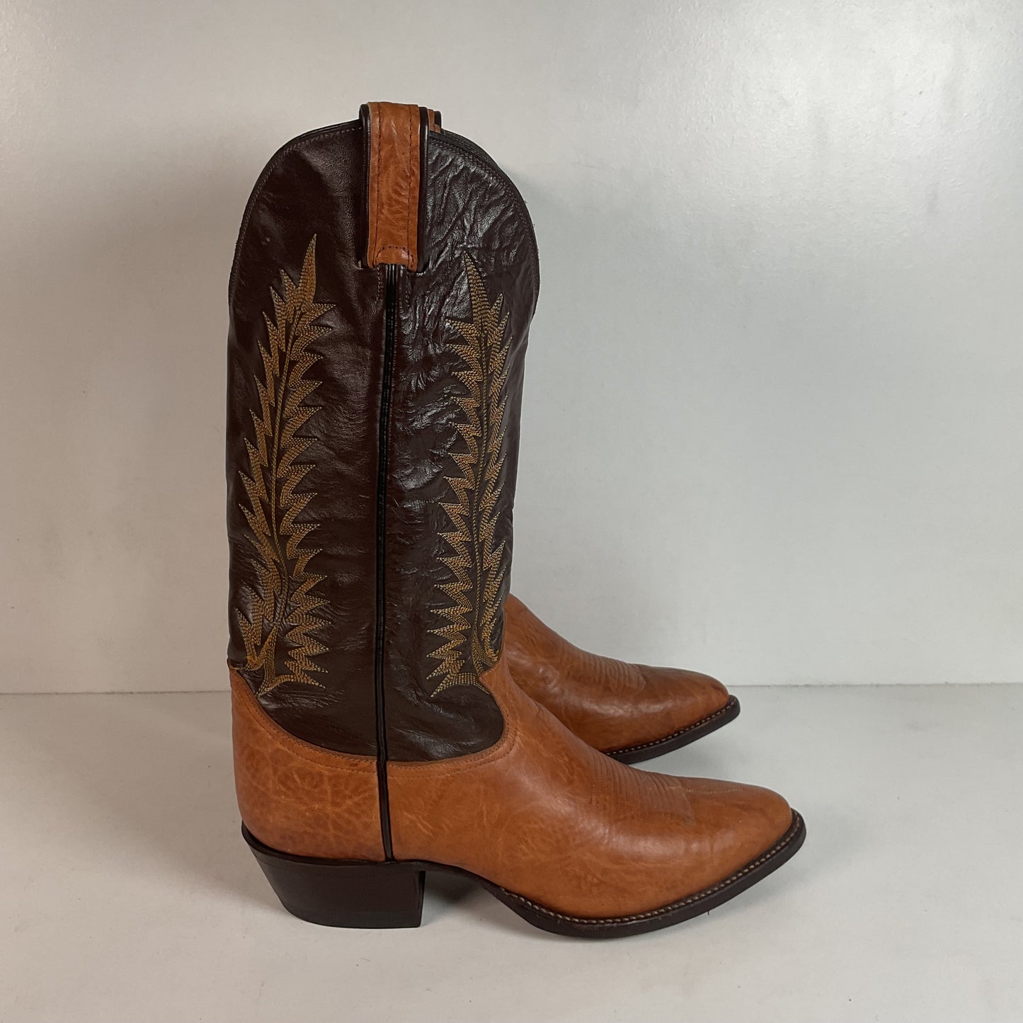 Vintage Tony Lama Gold Label Cowboy Boots — Pecan Bull Shoulder — Men’s 9 D