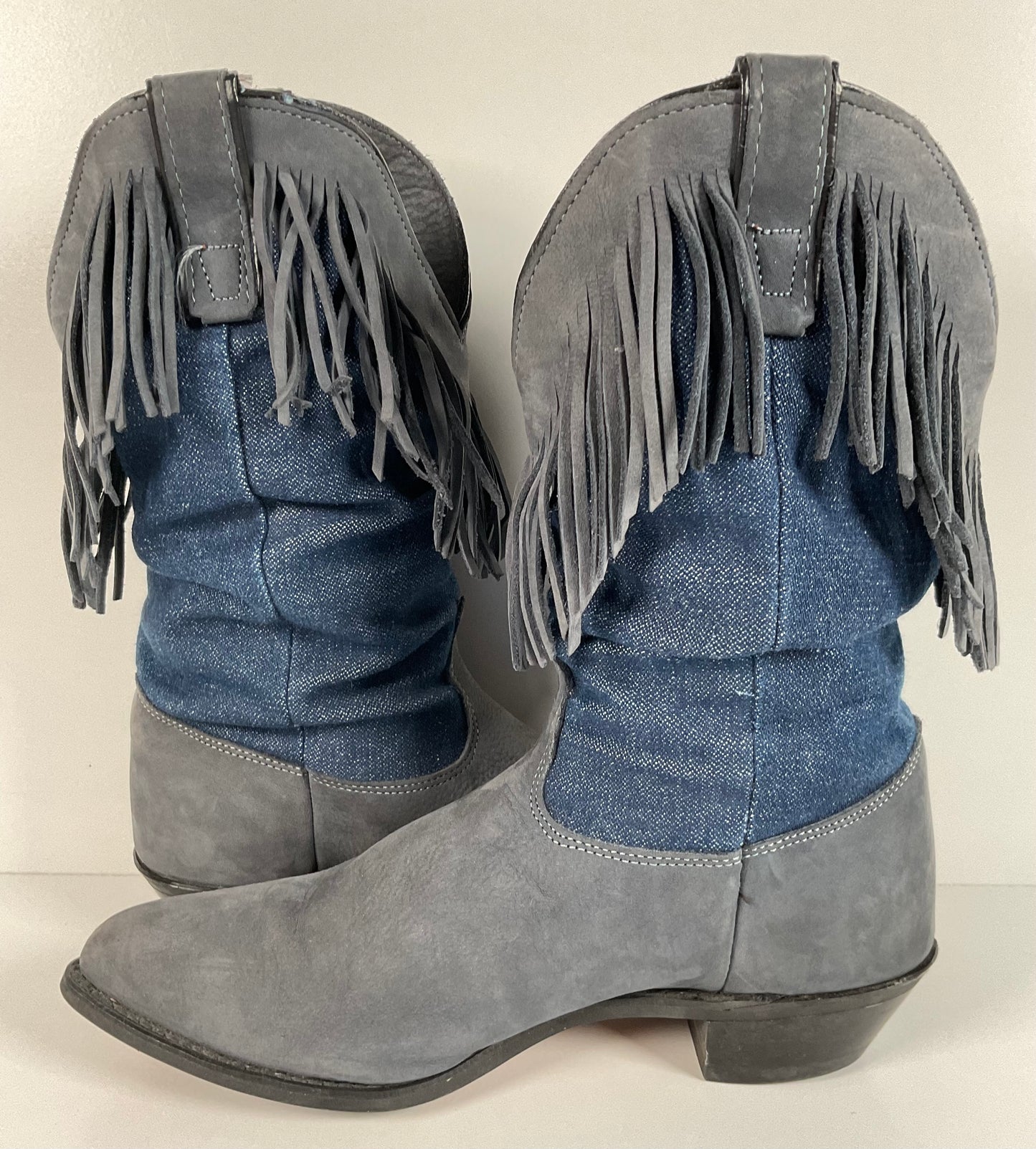 Vintage Wrangler Denim Fringe Cowgirl Boots 8.5 M USA Made Shorty