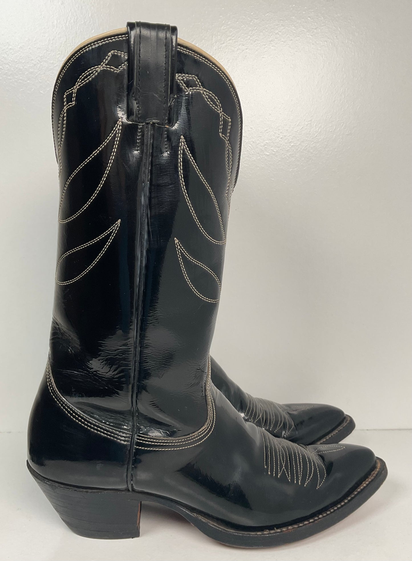 Vintage Nocona Patent Leather Cowboy Boots 9 D Glossy Old Black Label