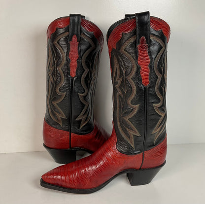 Vintage Dan Post Teju Lizard Cowgirl Boots | Tooled Overlays | Women’s 7.5