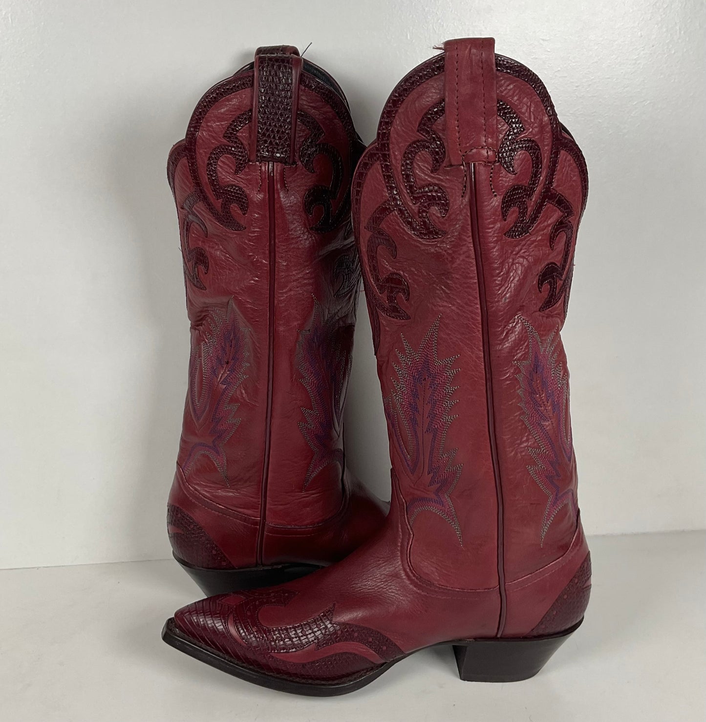 Tony Lama Lizard Wingtip Cowgirl Boots | Overlays | Cranberry | Women’s 6.5 M