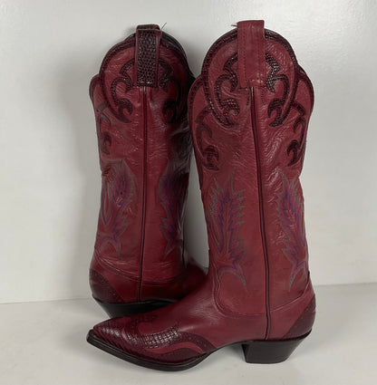 Tony Lama Lizard Wingtip Cowgirl Boots | Overlays | Cranberry | Women’s 6.5 M
