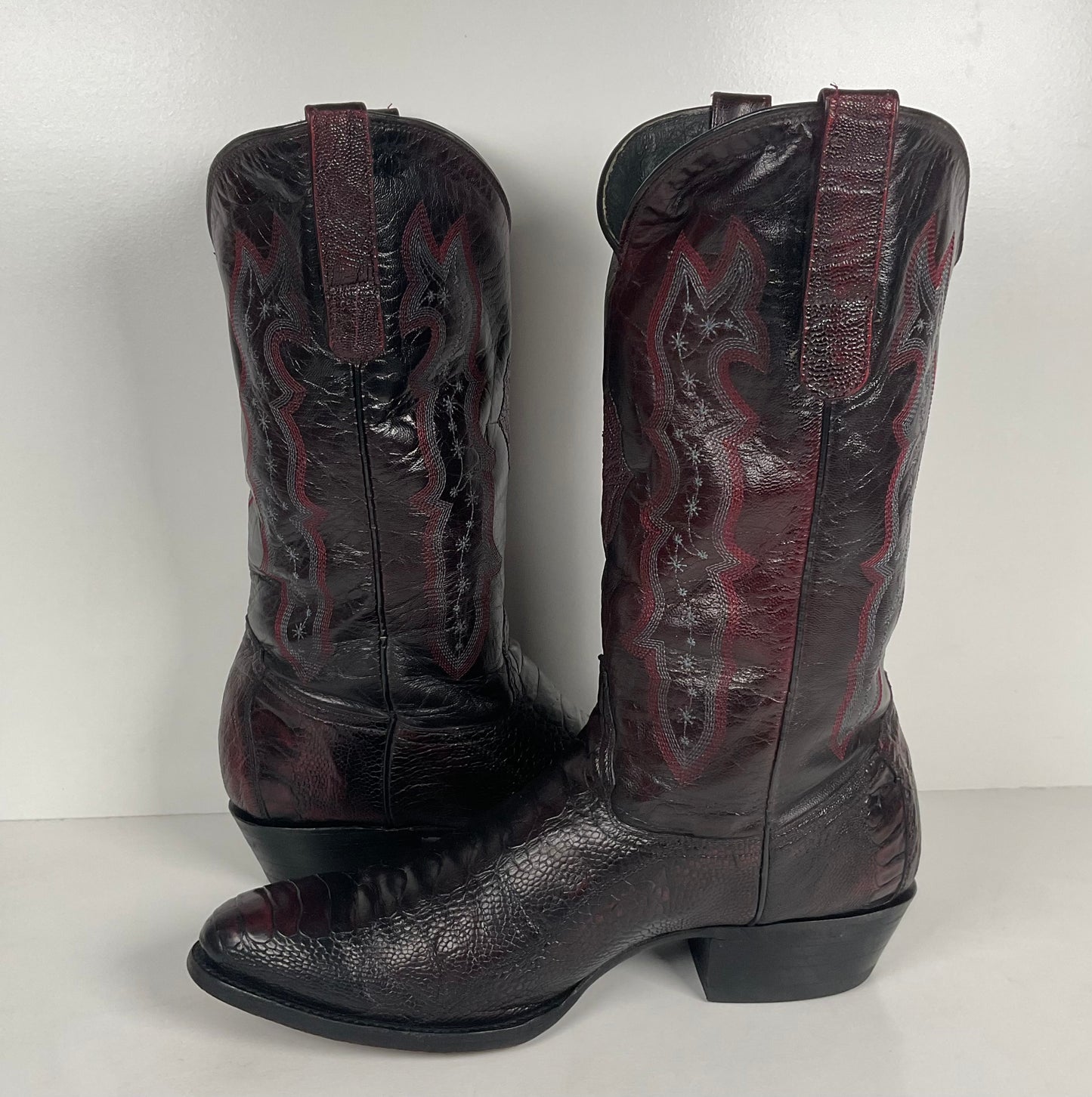 Vintage Longhorn Ostrich Leg Cowboy Boots | Exotic | Black Cherry | Men’s 13 D