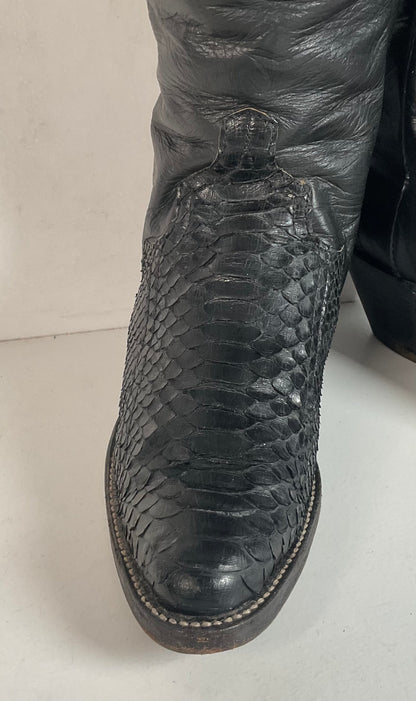 Vintage Larry Mahan Tall Black Cowgirl Boots | Python Snakeskin | 7 B