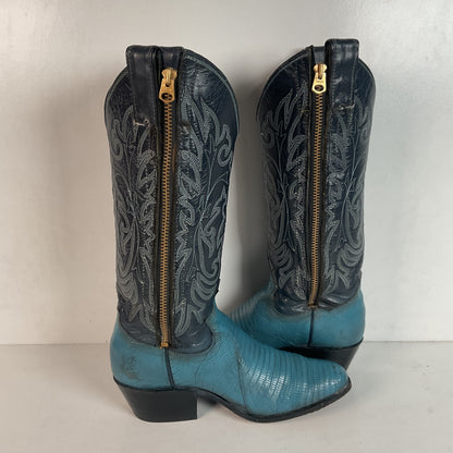 Vintage Justin Turquoise Cowgirl Boots 5 B Zipper Teju Lizard Vamp