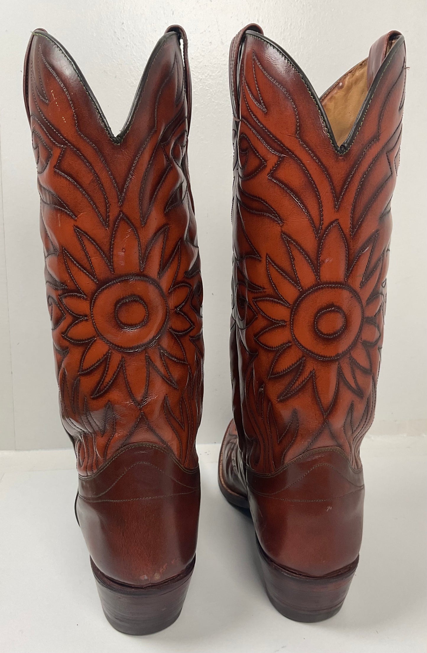 Vintage 1970s Dan Post Cowboy Boots 10.5 B Made In Spain Sunflower Stitched