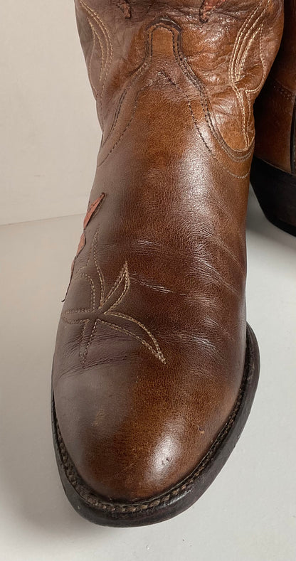 Vintage Dan Post Tall Tulip Cowgirl Boots 7.5 C Tooled Snakeskin Overlay
