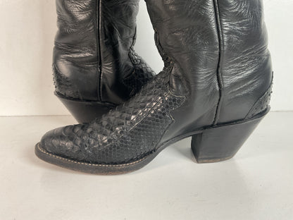 Vintage Larry Mahan Tall Black Cowgirl Boots | Python Snakeskin | 7 B