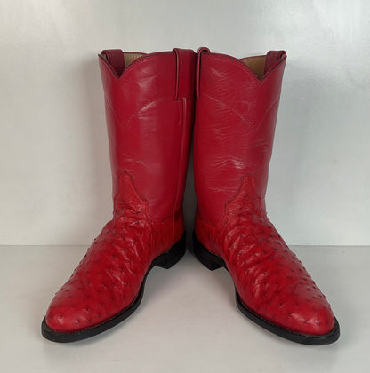 Justin Women’s Ostrich Quill Roper Boots 7 B USA Made Exotic Ruby Red