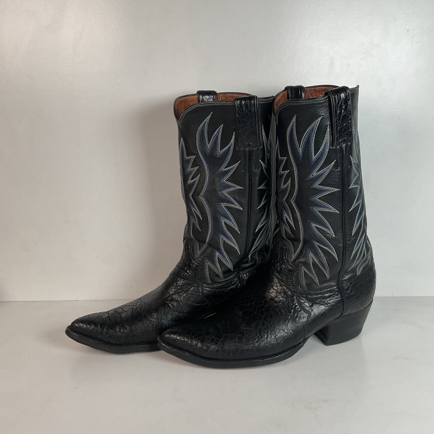 Vintage 1960s Justin Black Sea Turtle Cowboy Boots 10 D USA Made Fort Worth Label Pre-Ban