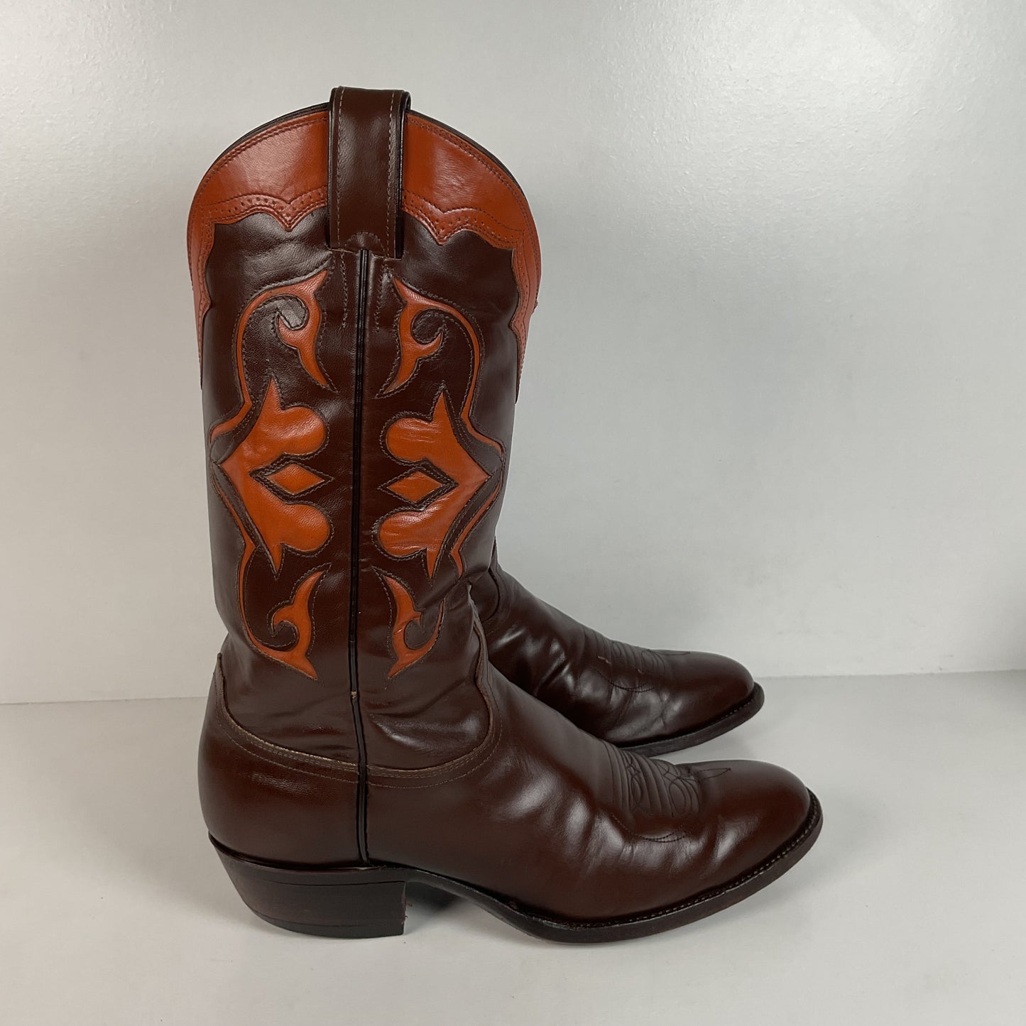 Vintage Justin Cowboy Boots | Brown Calf | Tooled Inlays | USA Made | Men’s 10 D