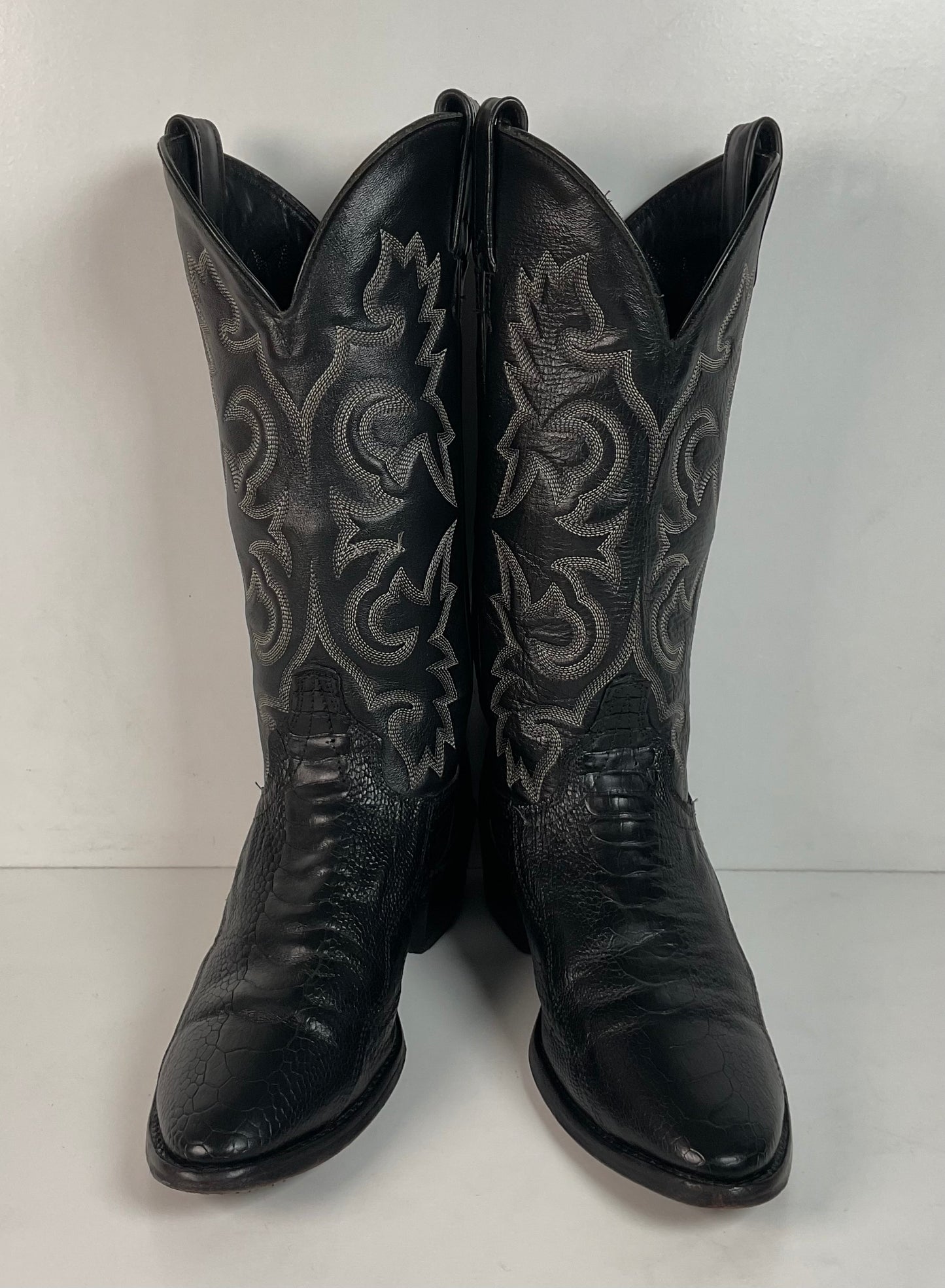 Vintage J Chisholm Exotic Ostrich Leg Cowboy Boots 9 D Classic Black USA Made