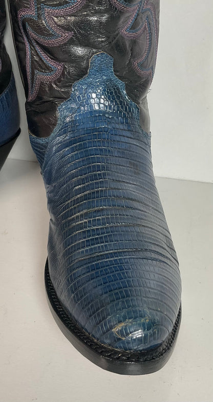 Vintage Justin Tall Blue Lizard Cowgirl Boots 6.5 B USA Made Recraft