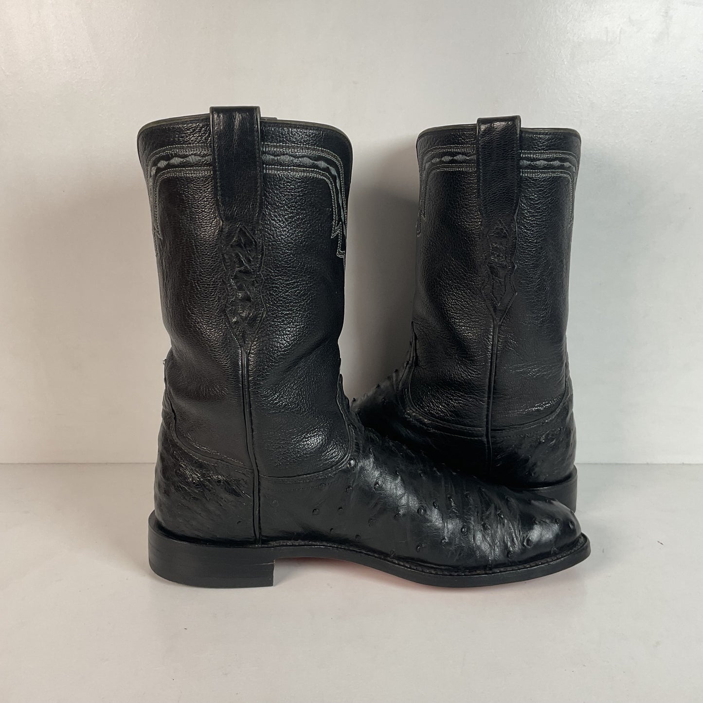 Recrafted Lucchese 2000 Black Ostrich Quill Roper Boots 9 D Exotic