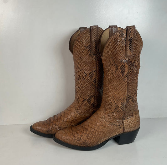 Vintage Full Python Snakeskin Cowboy Boots 8 D Back Cut Recraft