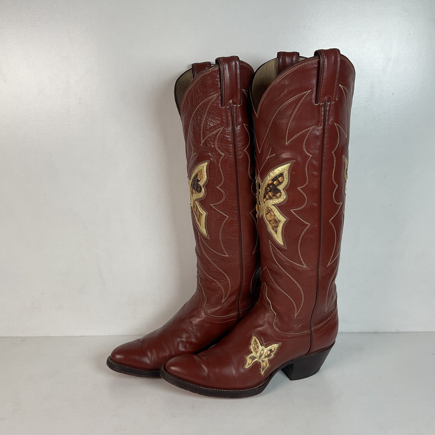 Vintage Justin Tall Butterfly Inlay Cowgirl Boots 6.5 C Snakeskin 70s