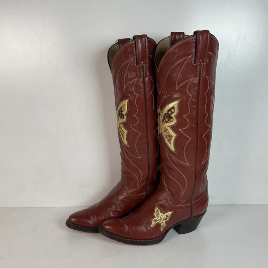 Vintage Justin Tall Butterfly Inlay Cowgirl Boots 6.5 C Snakeskin 70s