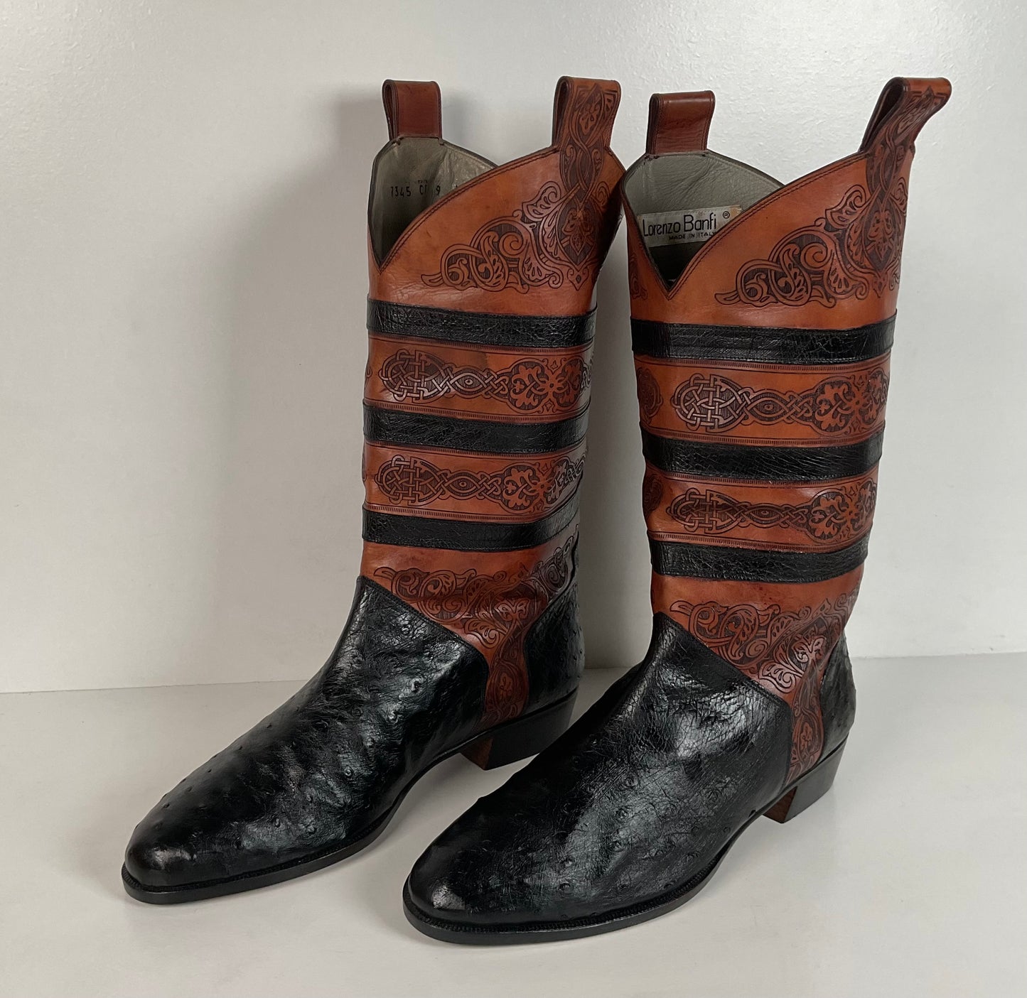 Vintage Lorenzo Banfi Ostrich Quill Bucket Boots | Tooled | Exotic | Men’s 9 M